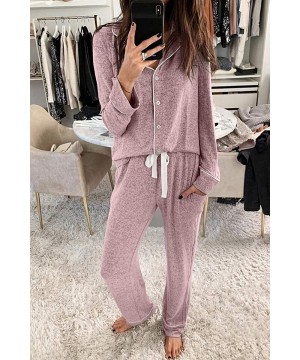 Sets Women's Two-Piece Classic Knit Pajama Sets Long Sleeve Button Down Sleepwear - Pink - CT1997KDLQG