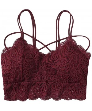 Camisoles & Tanks Women Floral Lace Bralette Bandeau Crop Tube Tops Padded Spaghetti Straps - Wine Red - CL1984XZ692