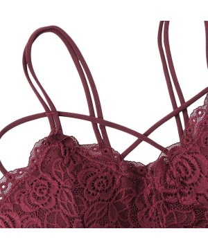 Camisoles & Tanks Women Floral Lace Bralette Bandeau Crop Tube Tops Padded Spaghetti Straps - Wine Red - CL1984XZ692