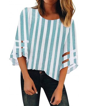 Baby Dolls & Chemises Women T Shirt Tops Blousees Striped Button V Neck Mesh Panel Blouse 3/4 Bell Sleeve Top Shirt - 002 Blu...