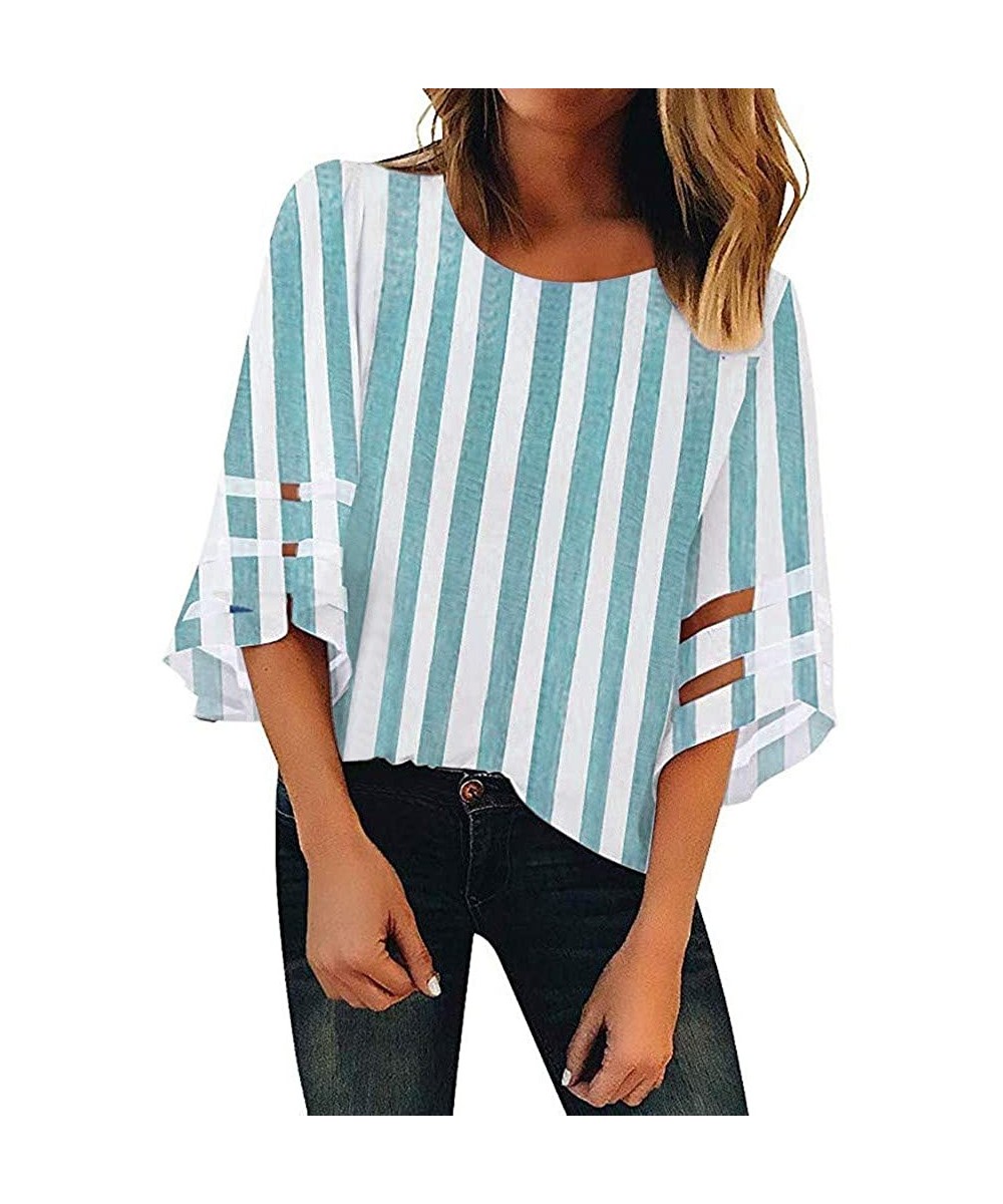 Baby Dolls & Chemises Women T Shirt Tops Blousees Striped Button V Neck Mesh Panel Blouse 3/4 Bell Sleeve Top Shirt - 002 Blu...