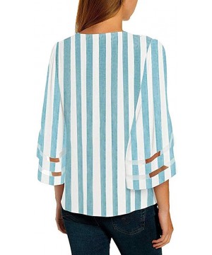 Baby Dolls & Chemises Women T Shirt Tops Blousees Striped Button V Neck Mesh Panel Blouse 3/4 Bell Sleeve Top Shirt - 002 Blu...