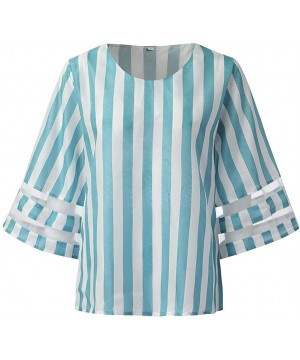 Baby Dolls & Chemises Women T Shirt Tops Blousees Striped Button V Neck Mesh Panel Blouse 3/4 Bell Sleeve Top Shirt - 002 Blu...