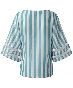 Baby Dolls & Chemises Women T Shirt Tops Blousees Striped Button V Neck Mesh Panel Blouse 3/4 Bell Sleeve Top Shirt - 002 Blu...