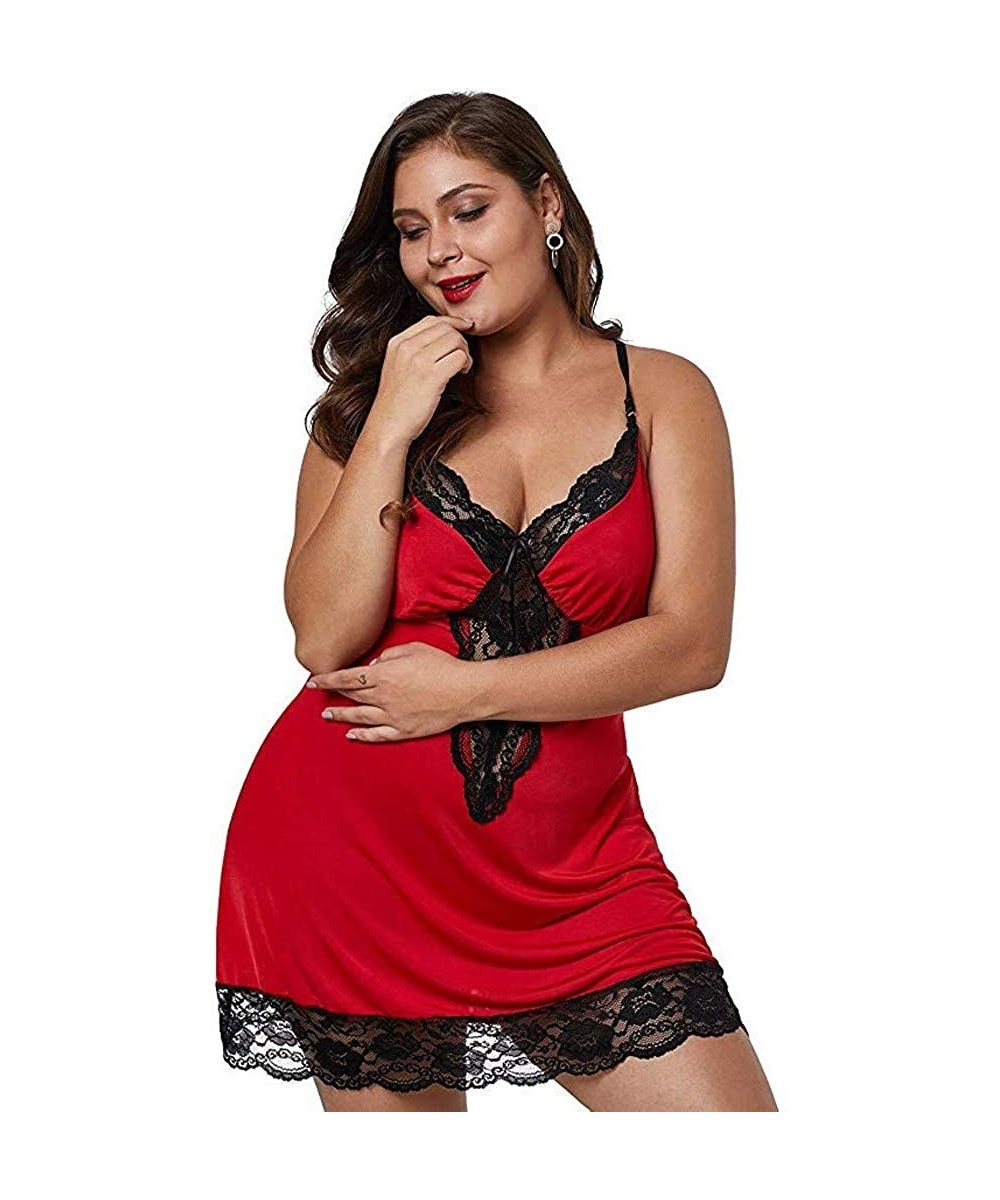 Accessories Pajamas Set Women Lace Lingerie Deep V-Neck Sleepwear Underwear Dress G-String Nightdress - Red - CC18XW9CXSS