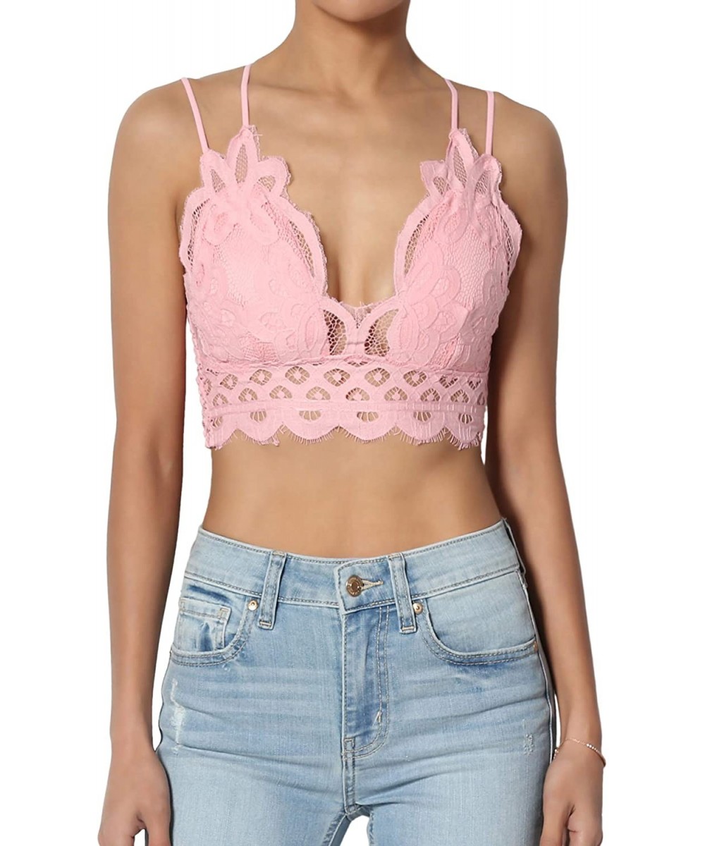 Bras Cross Strap & Stretchy Smocked Back Crochet Lace Bralette Pad Bra Top - Dusty Pink - CU195R3750K