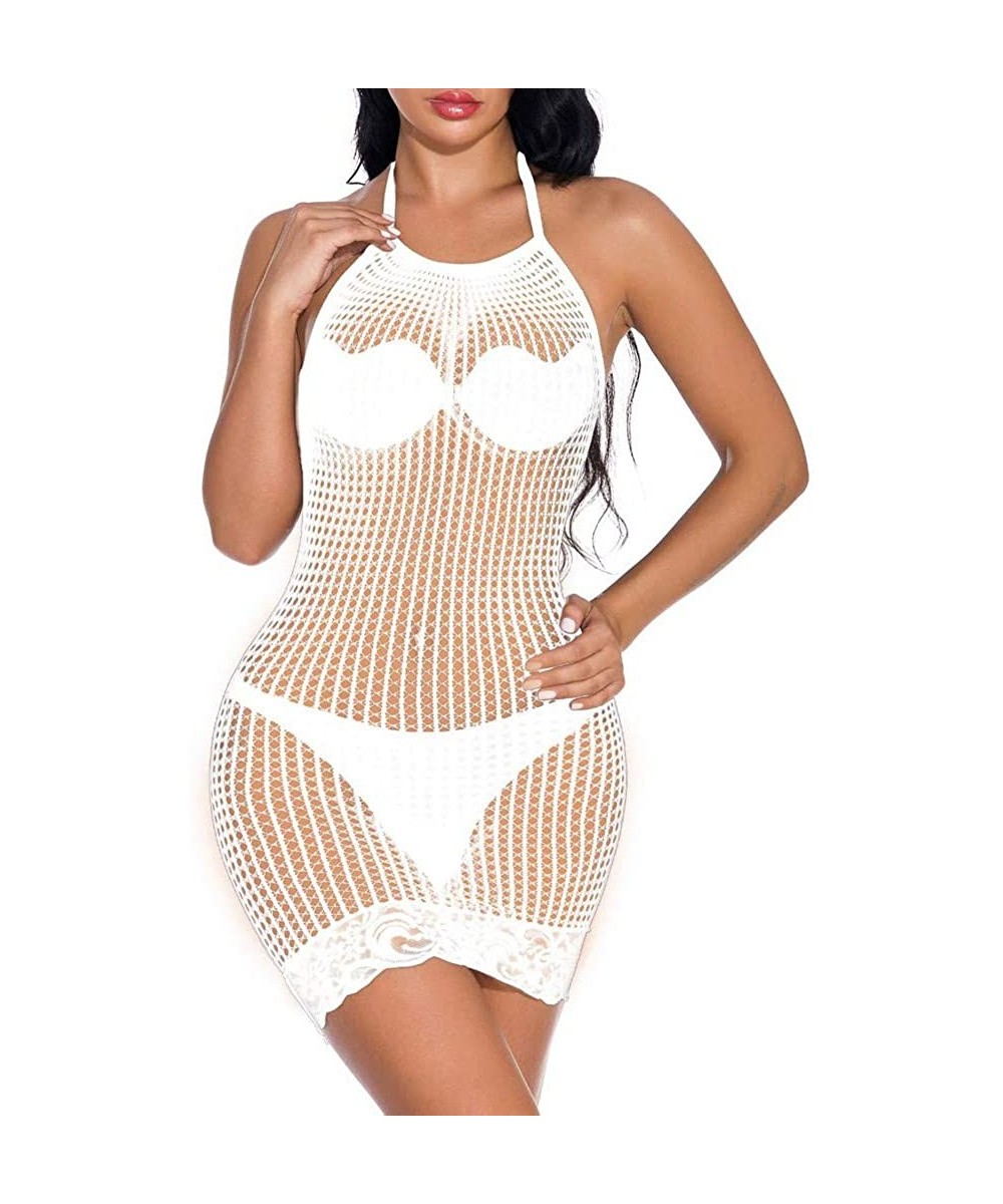 Baby Dolls & Chemises Women's Mesh Lingerie Fishnet Babydoll Mini Dress Free Size Bodysuit - White - CE18XWZTUAX