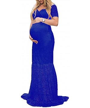 Nightgowns & Sleepshirts Womens Off Shoulder Short Sleeve V Neck Lace Maternity Gown Maxi Photography Dress - Blue - C718HTS4STZ