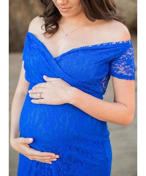 Nightgowns & Sleepshirts Womens Off Shoulder Short Sleeve V Neck Lace Maternity Gown Maxi Photography Dress - Blue - C718HTS4STZ