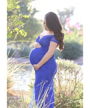 Nightgowns & Sleepshirts Womens Off Shoulder Short Sleeve V Neck Lace Maternity Gown Maxi Photography Dress - Blue - C718HTS4STZ