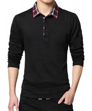 Thermal Underwear Mens Spring Casual T-Shirt Fashion Lapel T-Shirt Checked Long Sleeve Tops Blouse - Black - C418Q6G306W