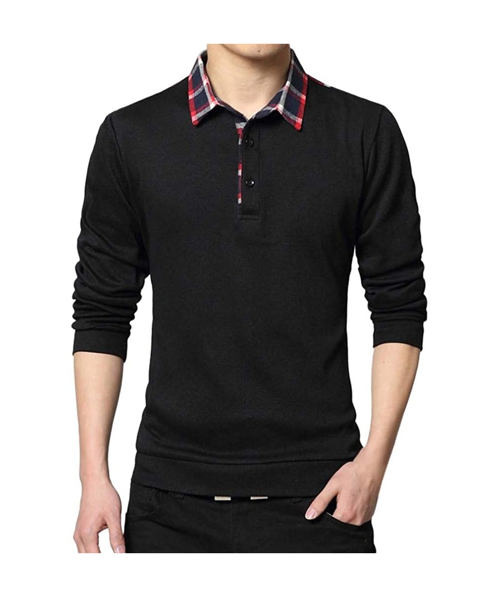 Thermal Underwear Mens Spring Casual T-Shirt Fashion Lapel T-Shirt Checked Long Sleeve Tops Blouse - Black - C418Q6G306W