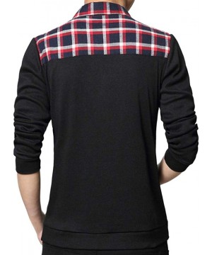 Thermal Underwear Mens Spring Casual T-Shirt Fashion Lapel T-Shirt Checked Long Sleeve Tops Blouse - Black - C418Q6G306W