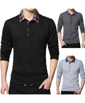 Thermal Underwear Mens Spring Casual T-Shirt Fashion Lapel T-Shirt Checked Long Sleeve Tops Blouse - Black - C418Q6G306W