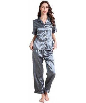 Sets Womens Satin Pajama Set Button Down Sleepwear with 2 Pockets Long Sleeve Notch Collar Nightwear Two Piece - Blue-short S...