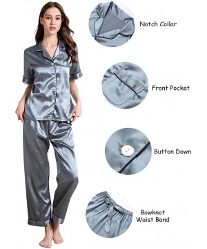 Sets Womens Satin Pajama Set Button Down Sleepwear with 2 Pockets Long Sleeve Notch Collar Nightwear Two Piece - Blue-short S...