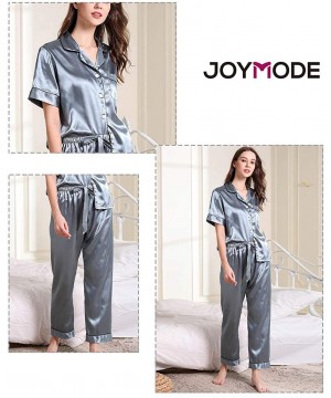 Sets Womens Satin Pajama Set Button Down Sleepwear with 2 Pockets Long Sleeve Notch Collar Nightwear Two Piece - Blue-short S...