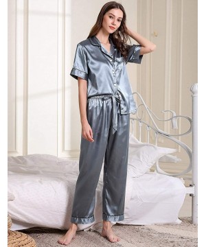 Sets Womens Satin Pajama Set Button Down Sleepwear with 2 Pockets Long Sleeve Notch Collar Nightwear Two Piece - Blue-short S...