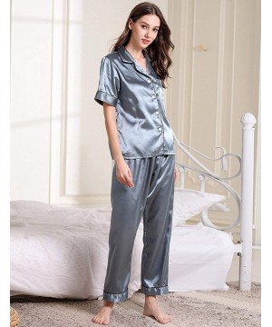 Sets Womens Satin Pajama Set Button Down Sleepwear with 2 Pockets Long Sleeve Notch Collar Nightwear Two Piece - Blue-short S...