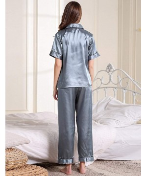 Sets Womens Satin Pajama Set Button Down Sleepwear with 2 Pockets Long Sleeve Notch Collar Nightwear Two Piece - Blue-short S...