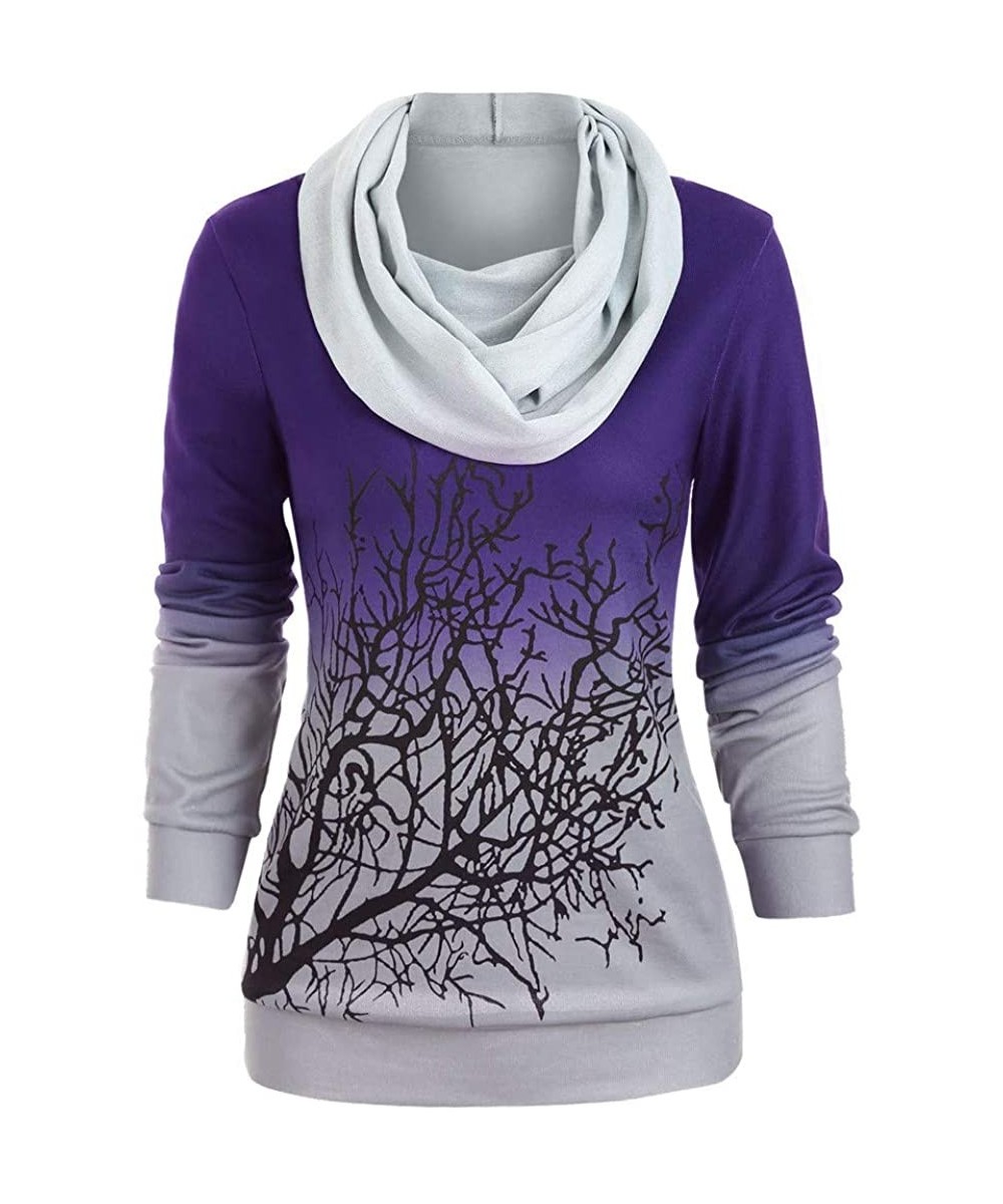 Sets Women Autumn Plus Size Long Sleeve Halloween Tree Printing Convertible Collar Sweatshirt Tops Pullover Sweatshirt - Purp...