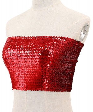 Bras Women's Sexy Fashion Glitter Sequin Stretchy Strapless Seamless No-Padded Wrapped Chest Bandeau Tube Top Bra - Red1 - CO...