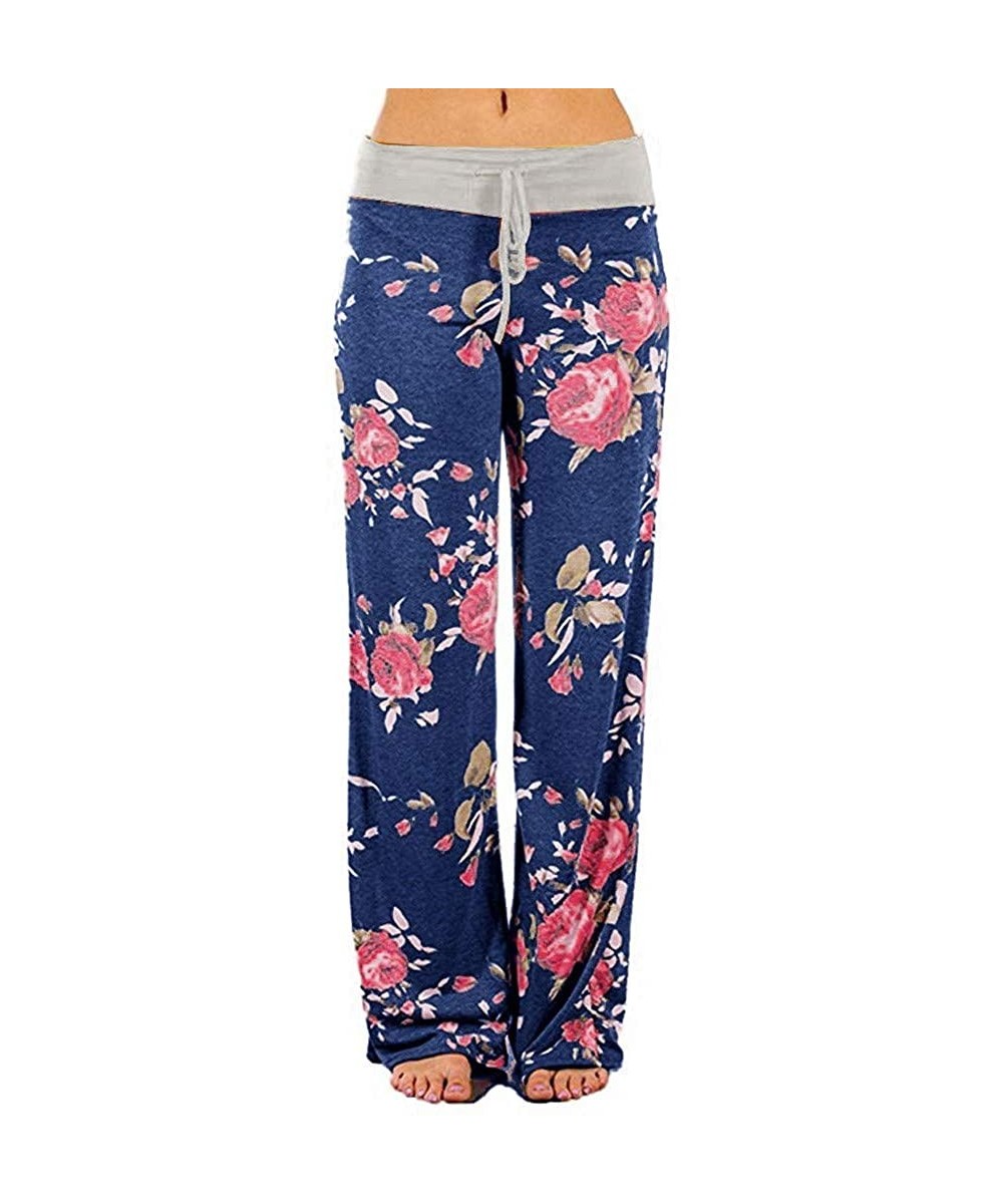 Bottoms Women's Comfy Casual Stretch Pants Floral Print Drawstring Palazzo Lounge Pants Wide Leg - Bgray - CC19CLMHZ8I