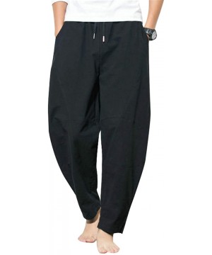 Sleep Bottoms Men's Baggy Linen Drawstring Loose Cropped Harem Pajama Yoga Summer Pants - Black - CA190X4ICDC