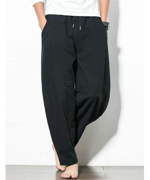 Sleep Bottoms Men's Baggy Linen Drawstring Loose Cropped Harem Pajama Yoga Summer Pants - Black - CA190X4ICDC