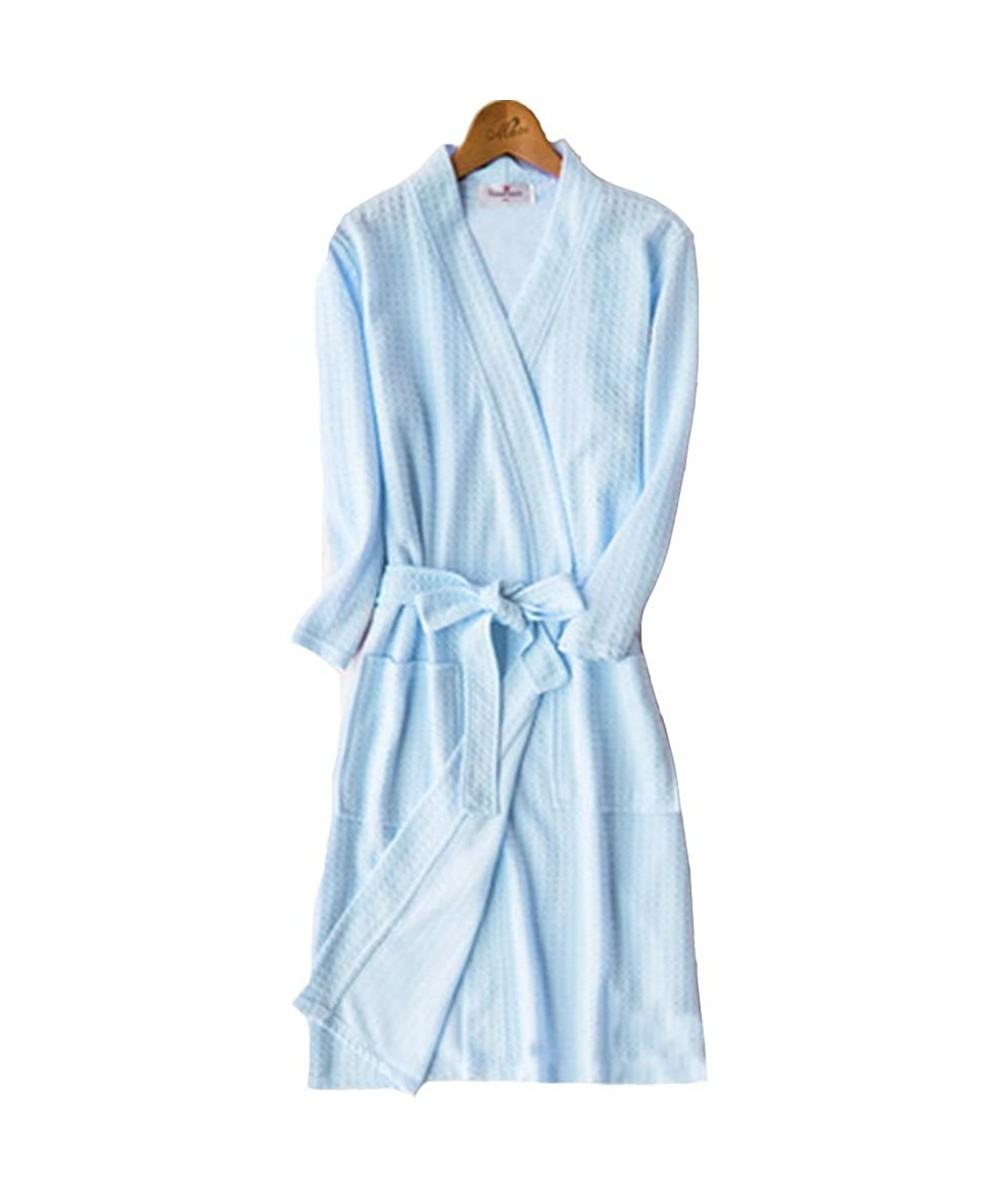 Robes Men's Woven Waffle Turkish Kimono Robe Solid Lightweight Sleep Spa Bathrobes - Blue - CK18E5GZWQC