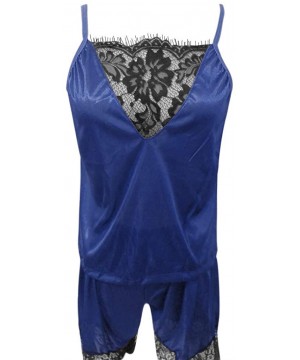 Sets 2019 Womens Trim Satin Lace Pajama Sets- Sleeveless Patchwork Sleepwear Nightwear - Blue 2 - CD18YCDLYUU