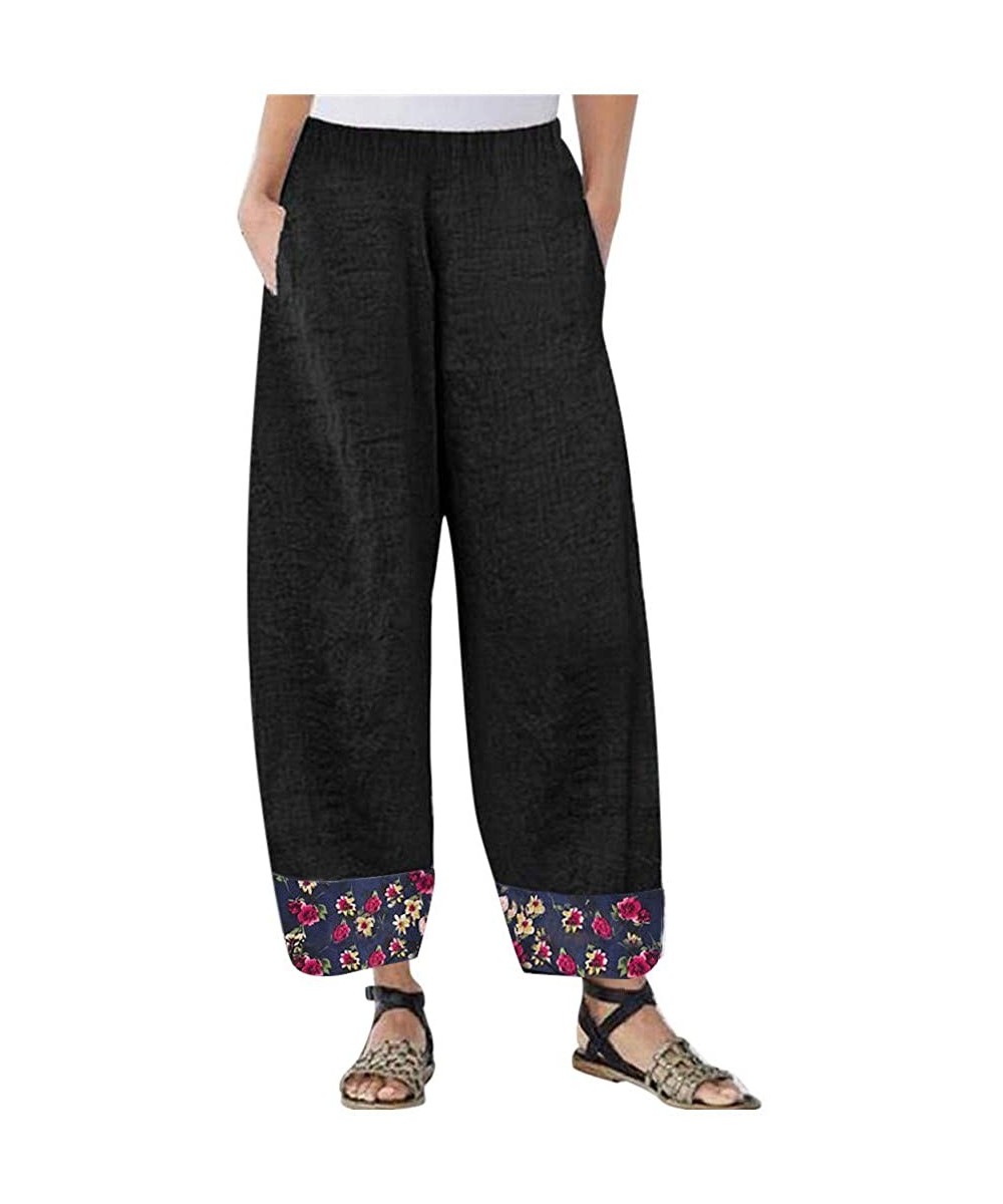 Bottoms Women Cotton Linen Wide Leg Pants Elastic Waist Floral Print Patchwork Loose Yoga Pants Bohe Lounge Pants - Black - C...