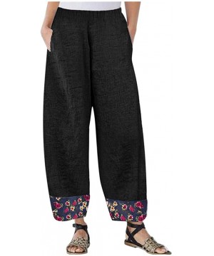 Bottoms Women Cotton Linen Wide Leg Pants Elastic Waist Floral Print Patchwork Loose Yoga Pants Bohe Lounge Pants - Black - C...