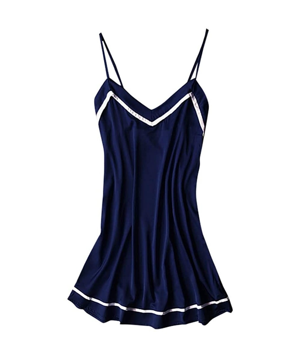 Nightgowns & Sleepshirts Women Chemise Satin Silk Sleepwear Sexy Nightgown Full Slips Lace Sling Dress Pajamas - Navy - CR193...