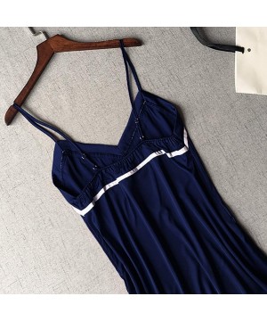 Nightgowns & Sleepshirts Women Chemise Satin Silk Sleepwear Sexy Nightgown Full Slips Lace Sling Dress Pajamas - Navy - CR193...