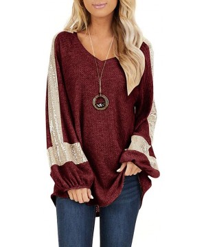 Bras Tops for Women Sequined Shining Stitching Long Sleeve Round Neck Loose Pullover Sweatshirt Blouse - Wine - CZ195GZ2TYK