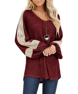 Bras Tops for Women Sequined Shining Stitching Long Sleeve Round Neck Loose Pullover Sweatshirt Blouse - Wine - CZ195GZ2TYK