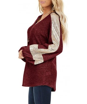 Bras Tops for Women Sequined Shining Stitching Long Sleeve Round Neck Loose Pullover Sweatshirt Blouse - Wine - CZ195GZ2TYK