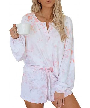 Sets Tie Dye Pajamas for Women Loungewear Ruffle Long Sleeve Short 2 Piece Outfits Set Sleepwear Nightwear - Pink - CS190L344TO