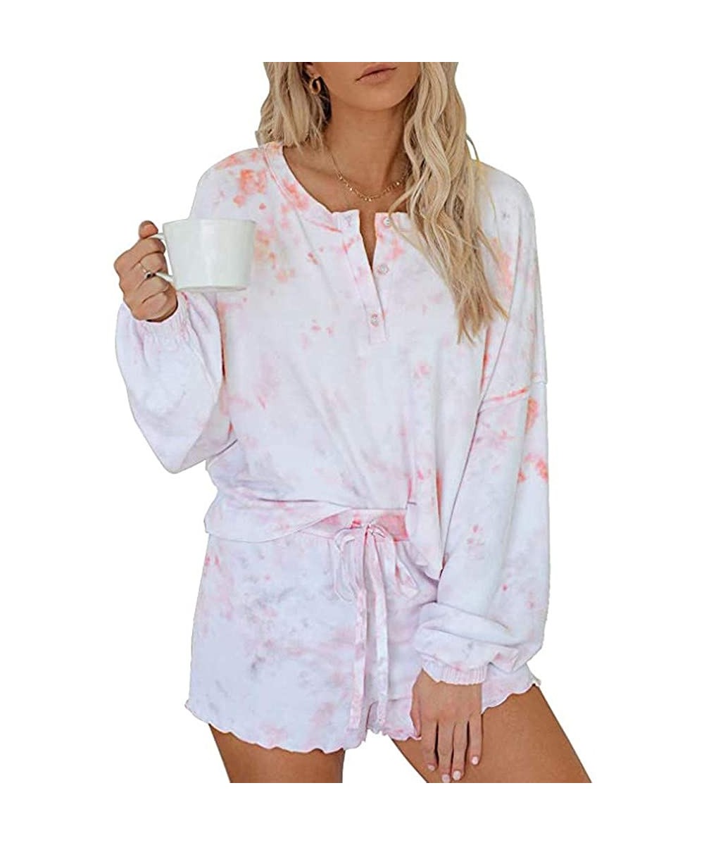 Sets Tie Dye Pajamas for Women Loungewear Ruffle Long Sleeve Short 2 Piece Outfits Set Sleepwear Nightwear - Pink - CS190L344TO