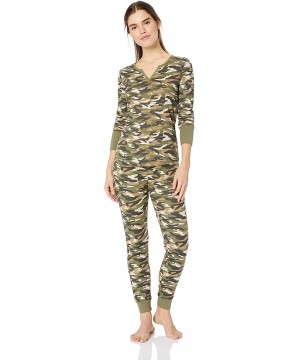 Tops Women's Vintage Thermal Henley Long Sleeve Top with Jogger Pajama Set - Army Camo - CX18CHI82N2