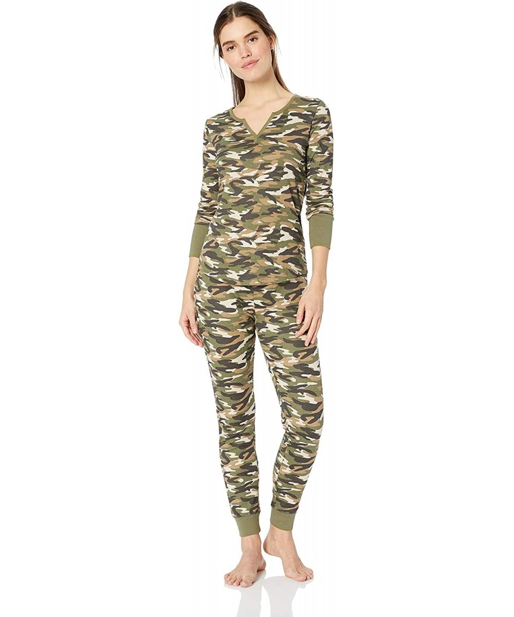 Tops Women's Vintage Thermal Henley Long Sleeve Top with Jogger Pajama Set - Army Camo - CX18CHI82N2