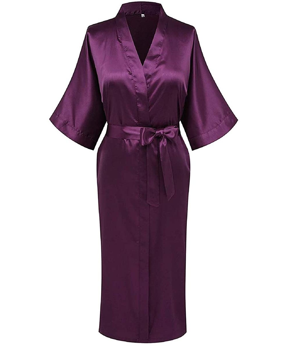 Robes Women's Robe Pure Long Kimono Robes Lightweight Silky Sleepwear V-Neck Calf-Length Bathrobe - Purple - C518O4U9UTI