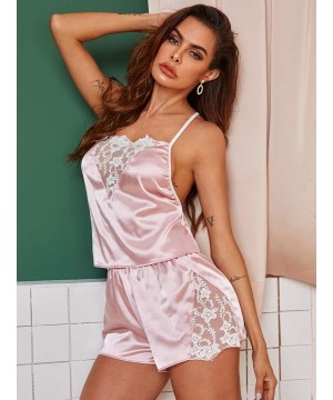 Sets Women's Lace Trim Satin Cami and Shorts Pajama Set - Halter Pink - C6190QXIMA9