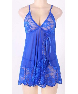 Nightgowns & Sleepshirts Mini V Neck Teddy Babydoll Women's Lace Lingerie Set with G-String - Blue_2 - CD190L9GN7O