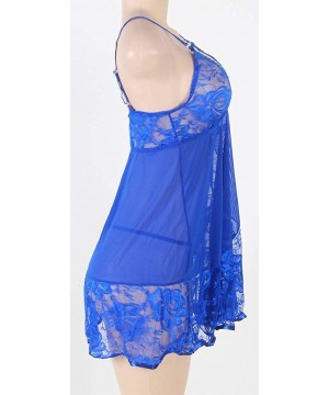 Nightgowns & Sleepshirts Mini V Neck Teddy Babydoll Women's Lace Lingerie Set with G-String - Blue_2 - CD190L9GN7O