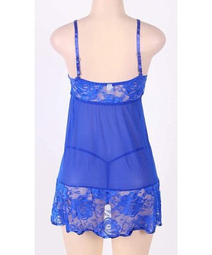 Nightgowns & Sleepshirts Mini V Neck Teddy Babydoll Women's Lace Lingerie Set with G-String - Blue_2 - CD190L9GN7O