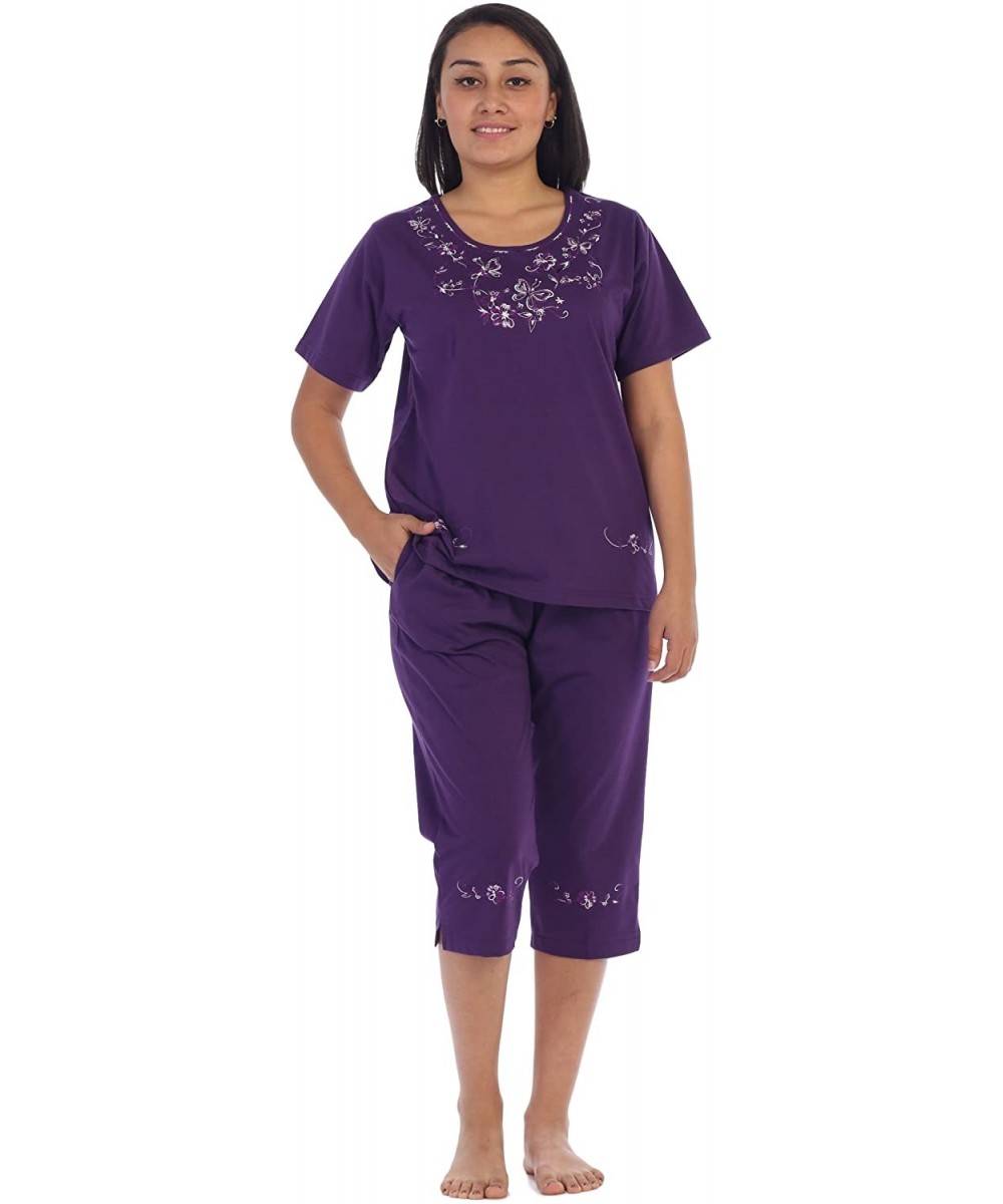 Sets Women's Short Sleeve Embroidered Blouse and Matching Capri Set - Purple - C4188X2SYGD