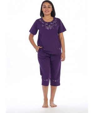 Sets Women's Short Sleeve Embroidered Blouse and Matching Capri Set - Purple - C4188X2SYGD