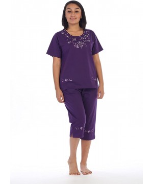 Sets Women's Short Sleeve Embroidered Blouse and Matching Capri Set - Purple - C4188X2SYGD